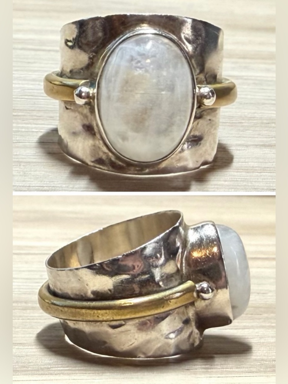 Vintage Designer YS Sterling Silver & Brass Moonstone Wide Band Ring. Size 8.5